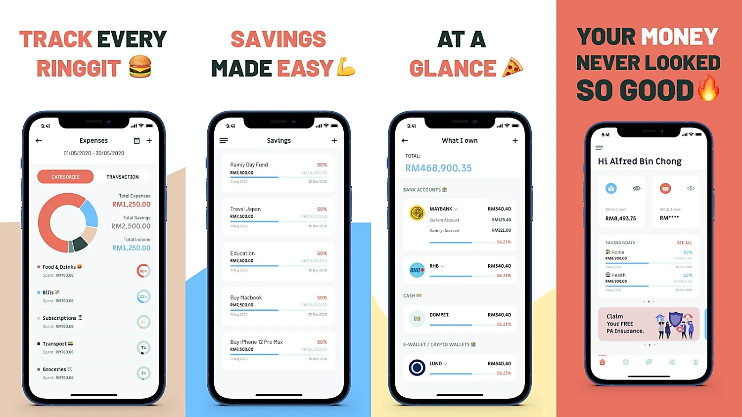 Four HeyAlfred app screens: expenses by category, savings goals, net worth across bank accounts and e-wallets, and a home screen